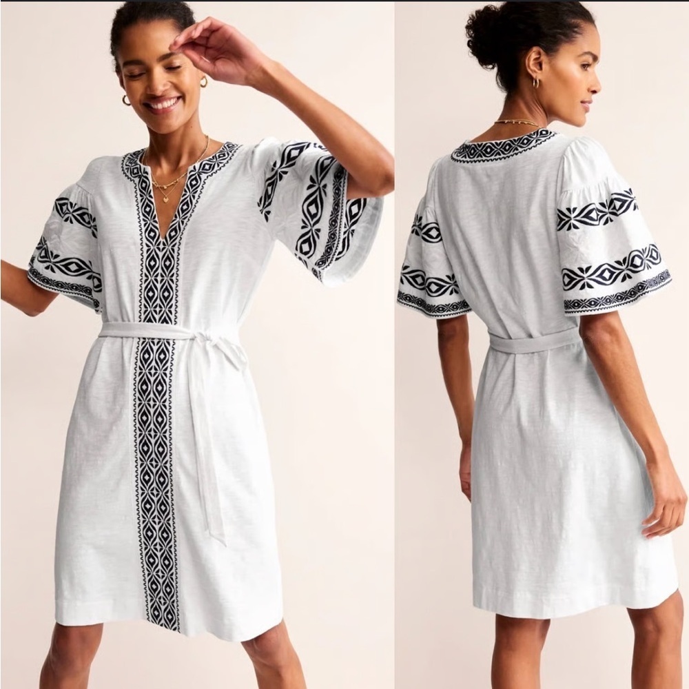 Boden Embroidered Jersey Tie Waist Mini Dress